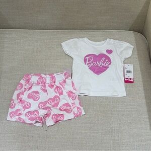 Barbie White Tee with Pink Heart Logo & Pink Heart-Print Shorts B12